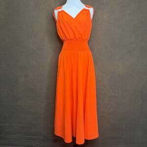 Vintage 70s Vicky Vaughn Orange Cotton Maxi Dress 7/8 Smocked Waist Boho Ring